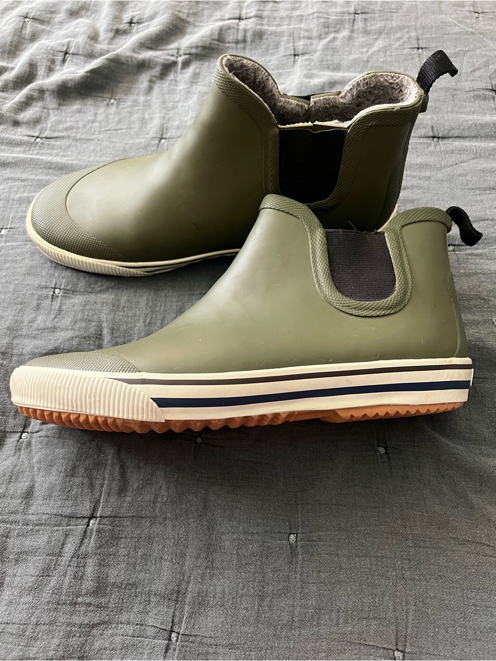 Tretorn Olive Green Chelsea Rain Boots with Contrast Stripe Sole